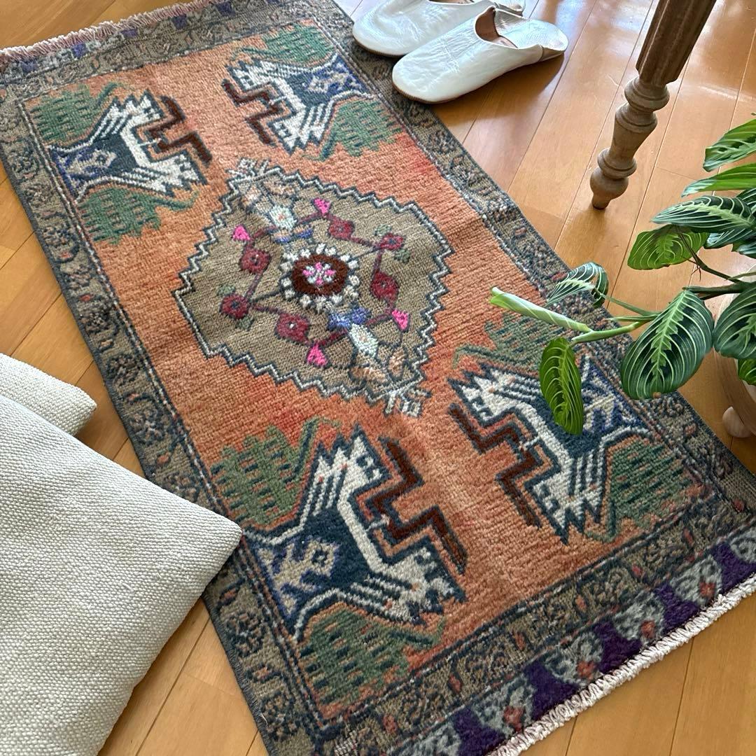 49.5×98 オレンジグラデーション　メダリオン　トルコヴィンテージラグ