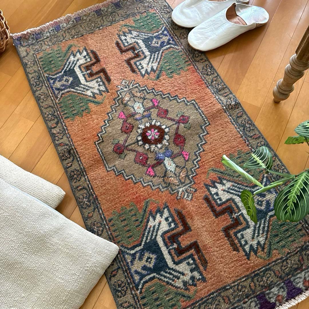 49.5×98 オレンジグラデーション　メダリオン　トルコヴィンテージラグ