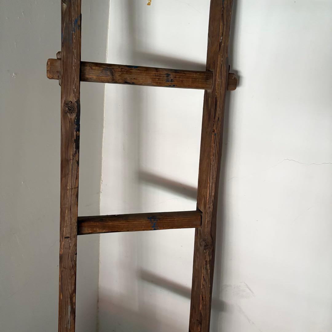 引き取り限定 昭和 レトロ 木製 古い長い梯子 ハシゴ グリーン ハンギング