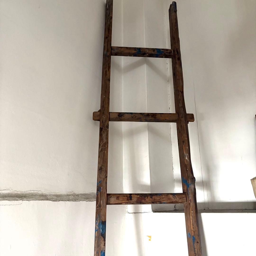 引き取り限定 昭和 レトロ 木製 古い長い梯子 ハシゴ グリーン ハンギング