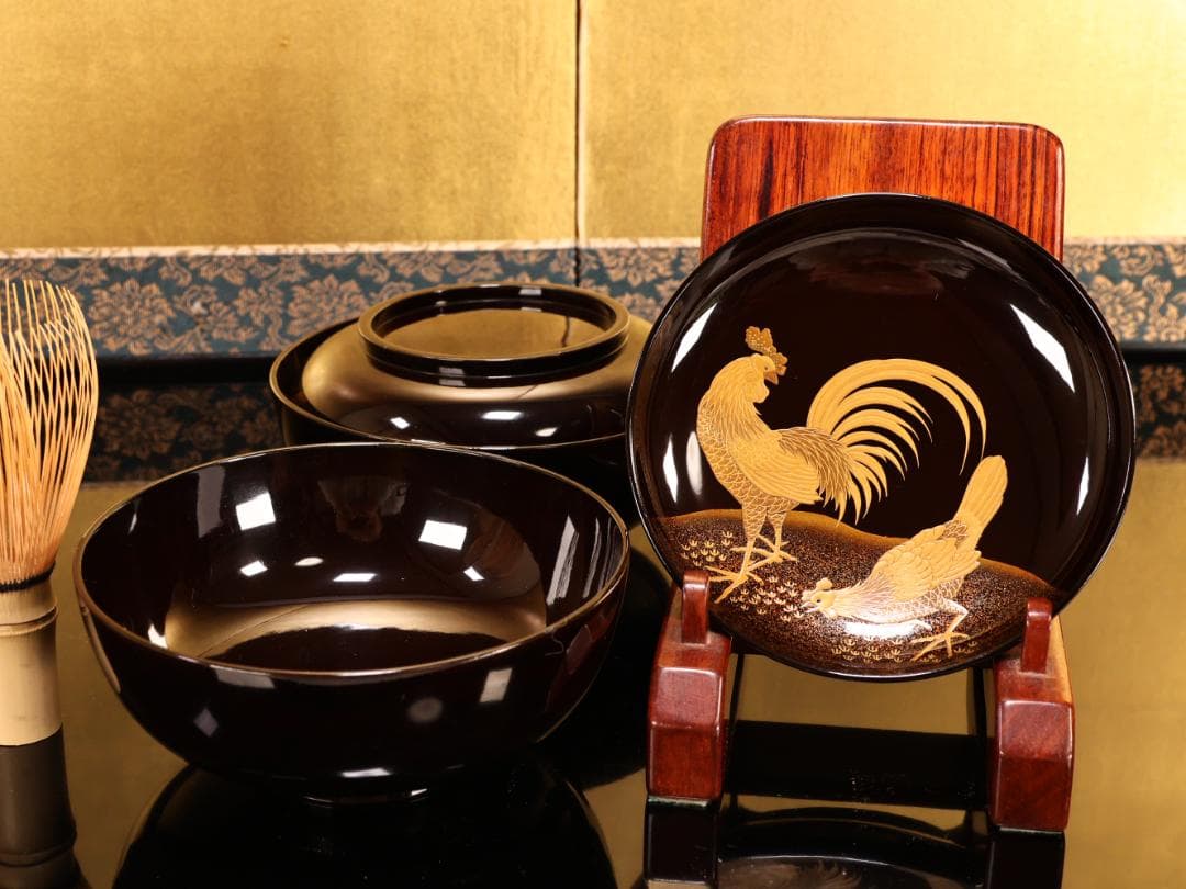 BK415　時代輪島塗　竹鶏図金蒔絵　吸物鶏　二客　木製　茶道具 懐石 会席