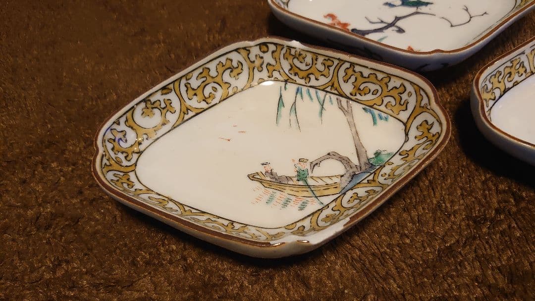 古九谷　九谷焼　色絵　菱形皿　蔵出し　３種　３客