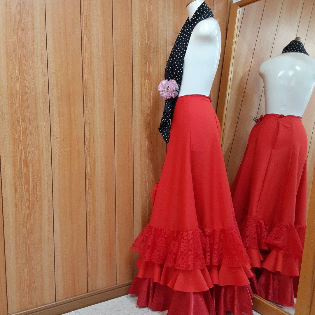 フラメンコ衣装　☆ファルダのみ☆豪華レース3段フリルレッドファルダ