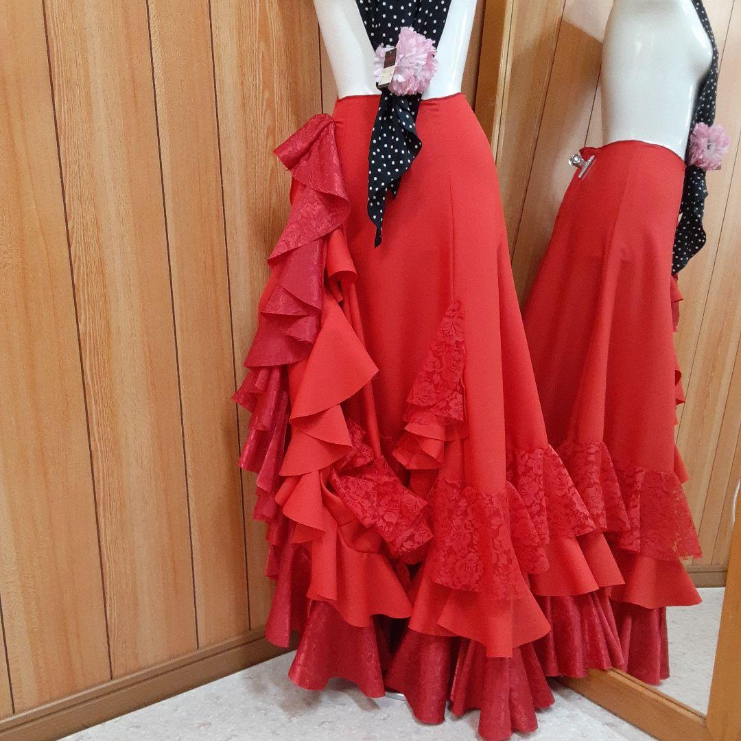 フラメンコ衣装　☆ファルダのみ☆豪華レース3段フリルレッドファルダ