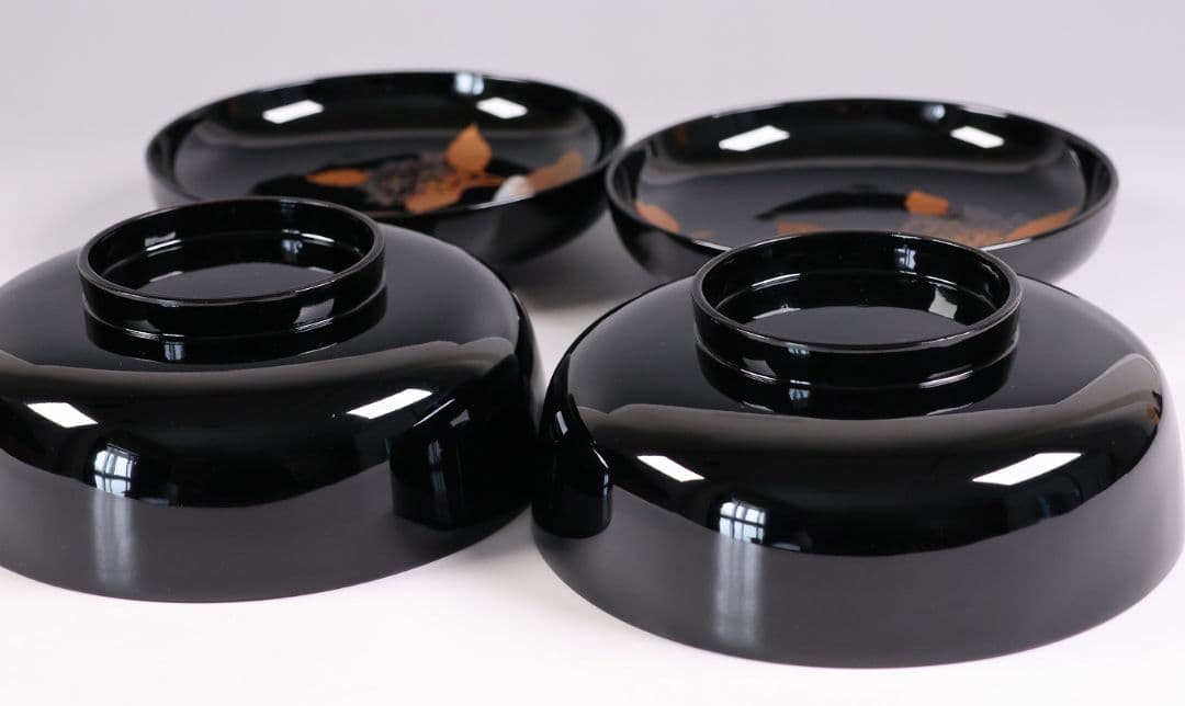 【MB188】天然木漆塗 紫陽花と葵 金蒔絵 螺鈿入 黒塗 煮物椀 二客 昭和期