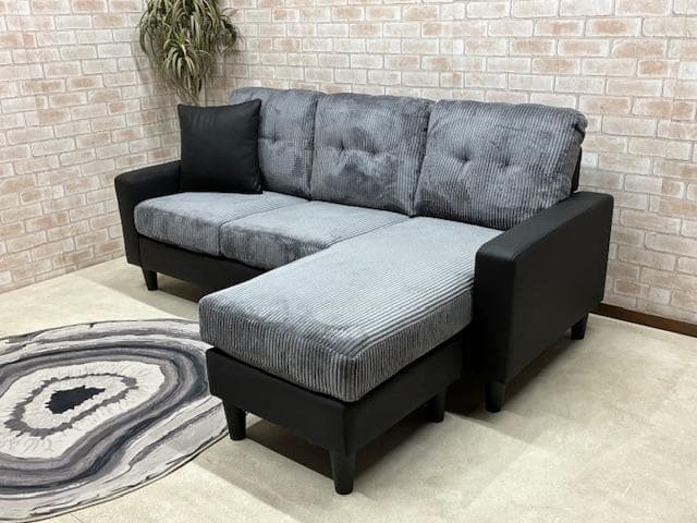カウチソファ　３人掛け　コーデュロイ　BK　新品　大特価