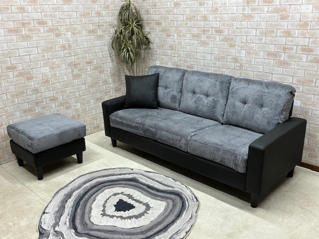 カウチソファ　３人掛け　コーデュロイ　BK　新品　大特価