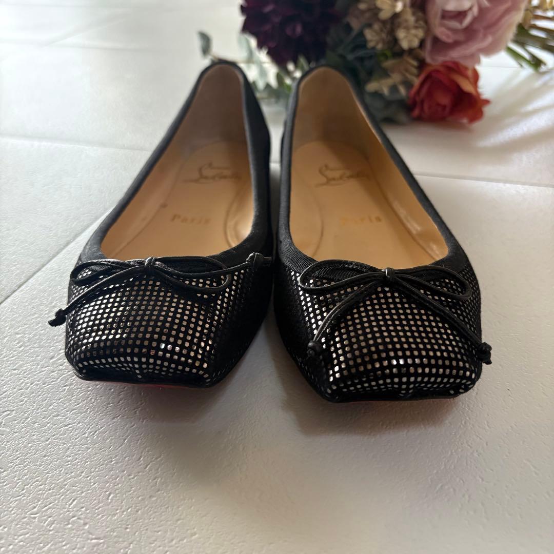 クリスチャンルブタン　リボン付きフラットパンプス　ブラック　36