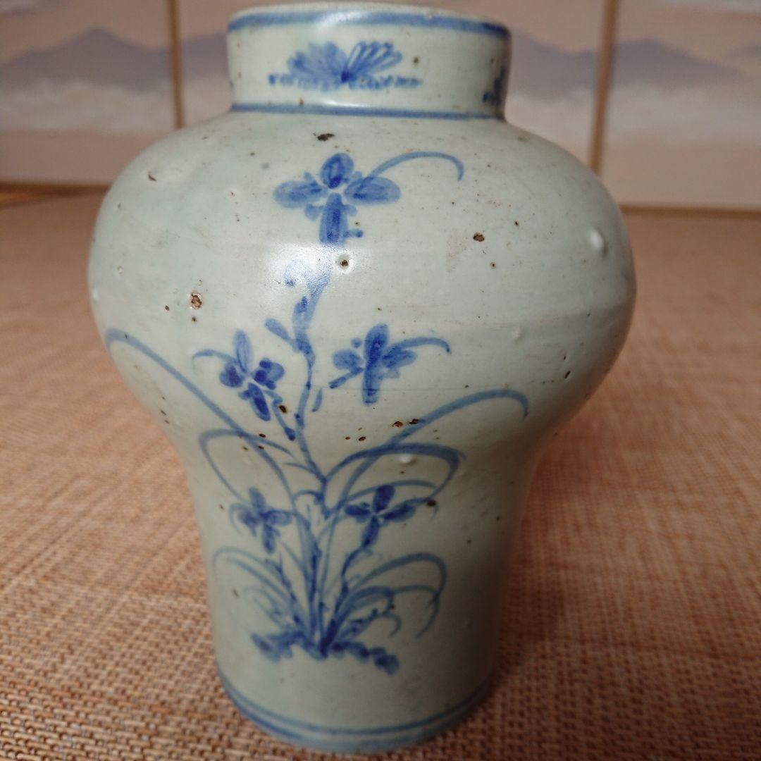 李朝 青花草花文壺 骨董品