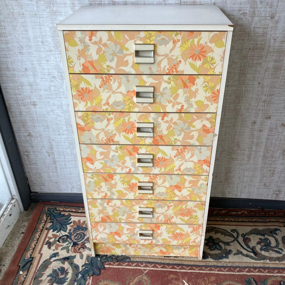 昭和レトロ 花柄 木製チェスト 7段タンス 古家具 ビンテージ ヴィンテージ 橙