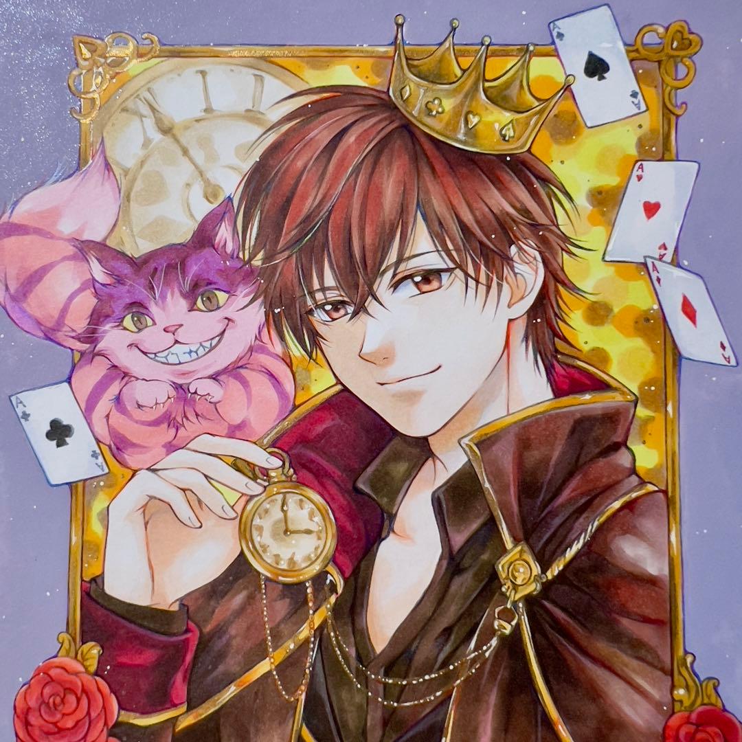 し*こ様 不思議の国のキング ＊時を操る青年とチェシャ猫 ＊手描きイラスト＊色紙