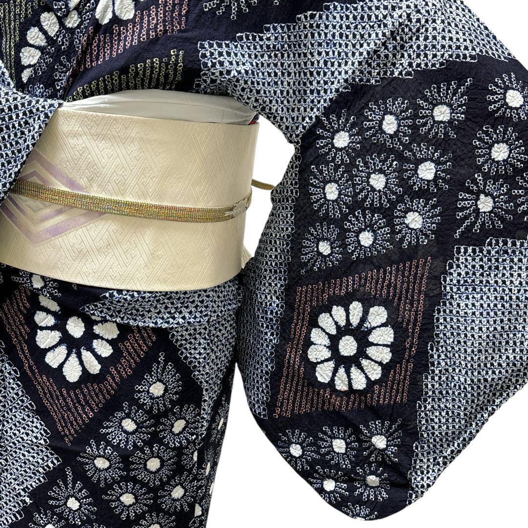 A67有松鳴海絞り 高級浴衣 花 綿　単衣