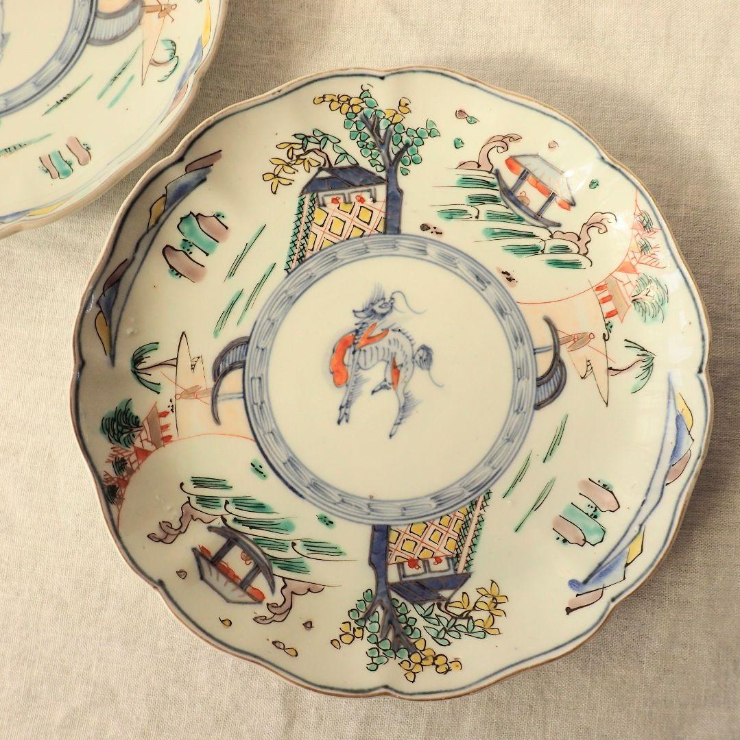 明治　骨董　輪花　リンカ　麒麟　キリン　絵 皿　2枚