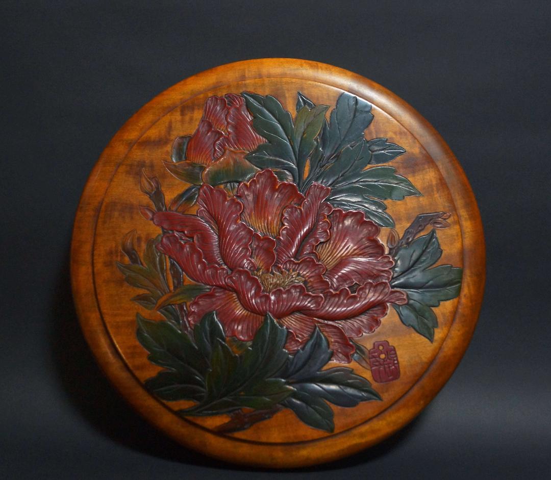 煎茶道具 烏城彫 栃材 細工彫り『牡丹文』刳り貫き大型茶櫃 茶びつ 茶ひつ取込盆