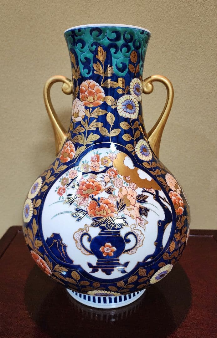 有田焼 大型 花柄陶器花瓶 藤井錦彩 金欄手様式