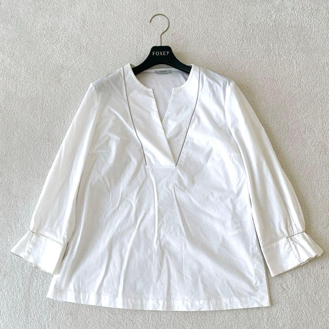 ★PESERICO★コットン 装飾キーネックストレッチブラウスプルオーバー 38