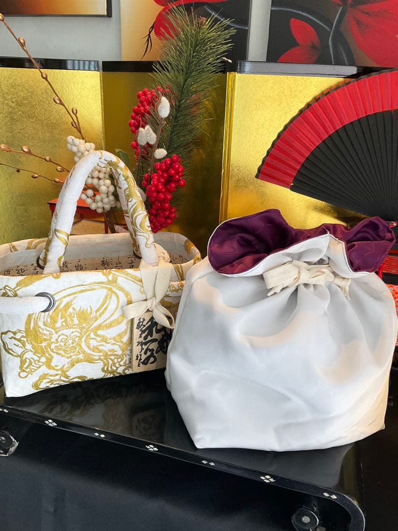 一閑張り　一閑張りバッグ　風神雷神　古文書　和紙　竹籠　籠バッグ　着物　金銀　白