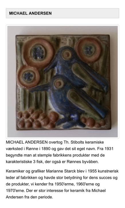 Michael Andersen & Son社\"小鳥の陶板\"