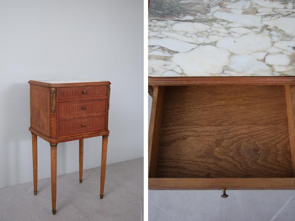 フランスアンティーク大理石キャビネット/ナイトテーブル机/飾り棚(82-151)