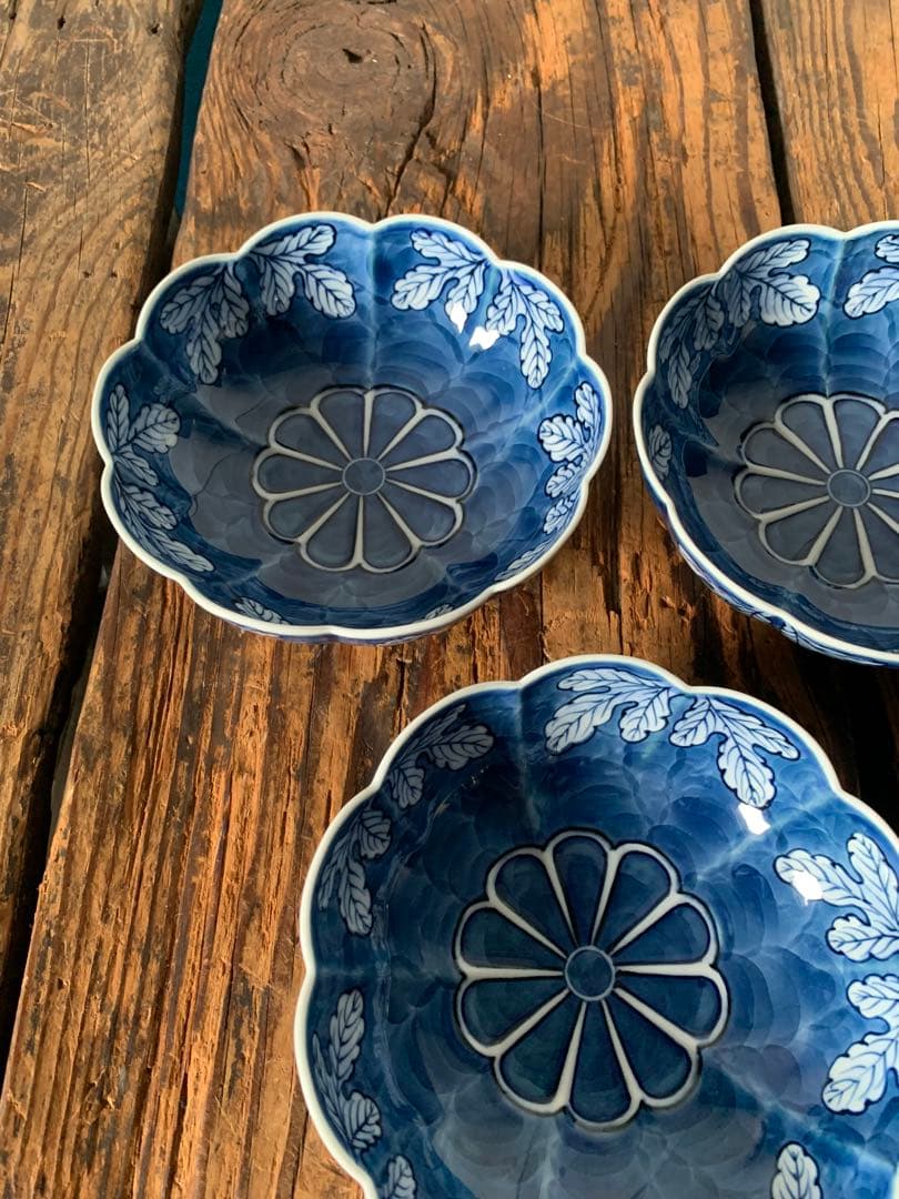 源右衛門窯　染濃菊葉文　中深皿　5枚　セット　和食器　有田焼