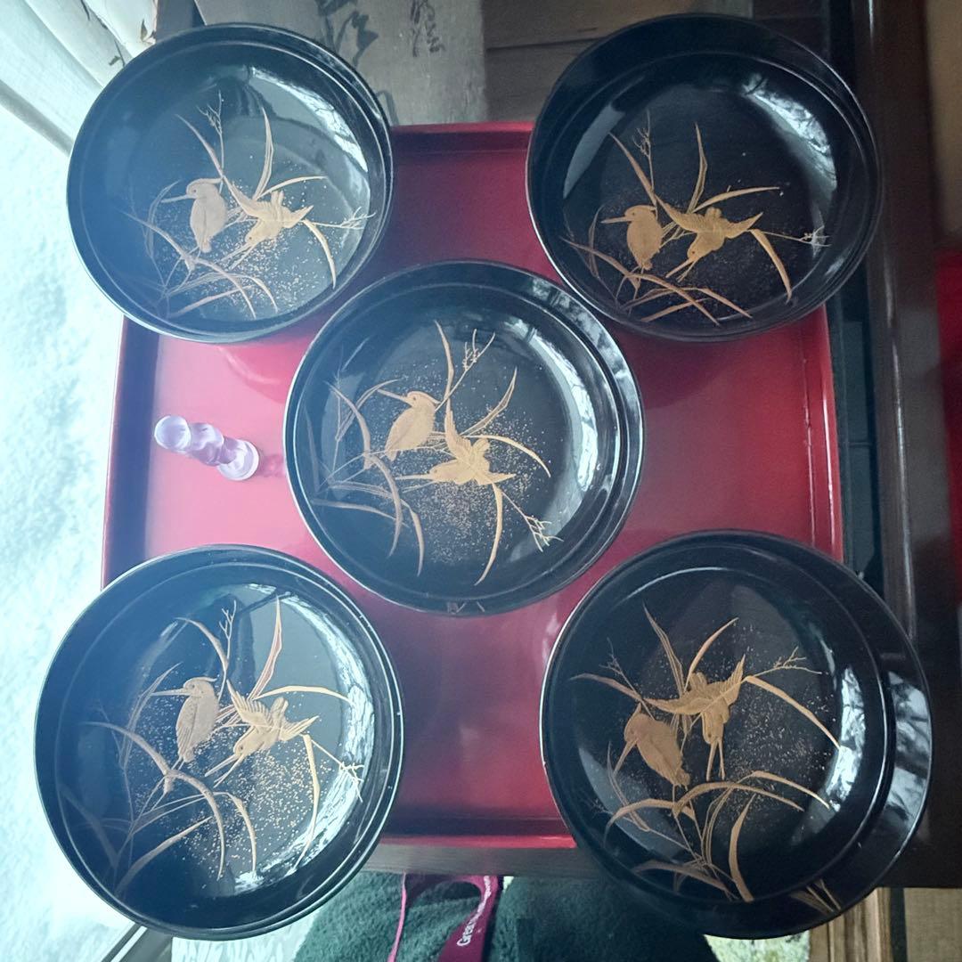 2245様感謝‼️JAPAN蒔絵かわせみ天然木伏蒔絵 芦にかわせみ真塗厚物椀 5客