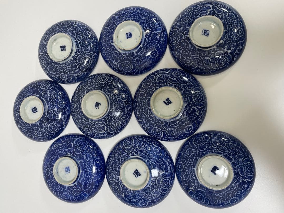 古伊万里 染付 花唐草模様 レトロ 明治 蓋付き 茶碗 8客 蓋9客