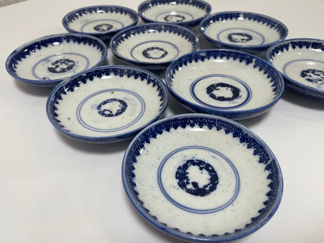 古伊万里 染付 花唐草模様 レトロ 明治 蓋付き 茶碗 8客 蓋9客