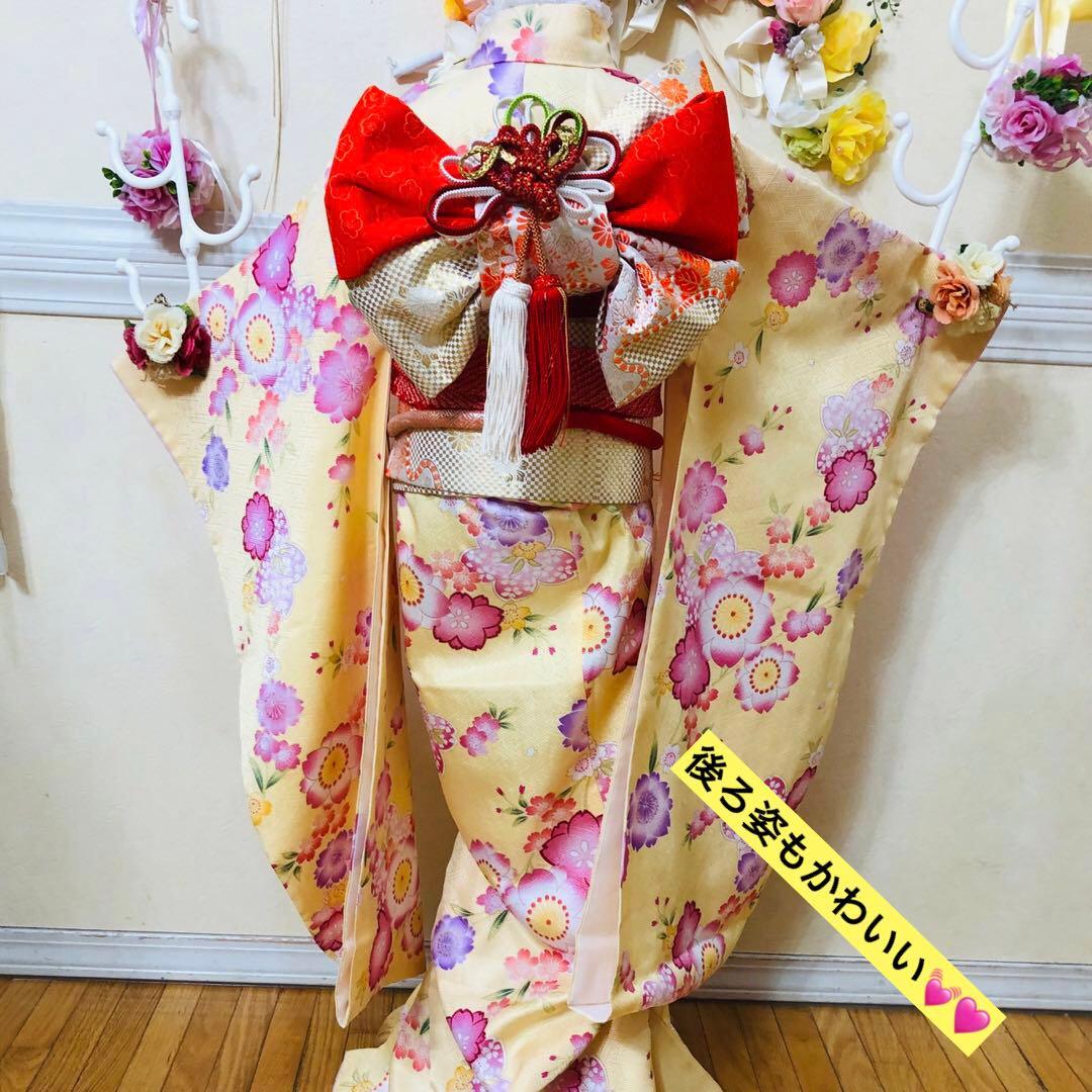七五三七歳未使用着物‼️薄イエロー系⭐︎桜舞い散る金彩煌びやか際立つ⭐︎安心フルセット