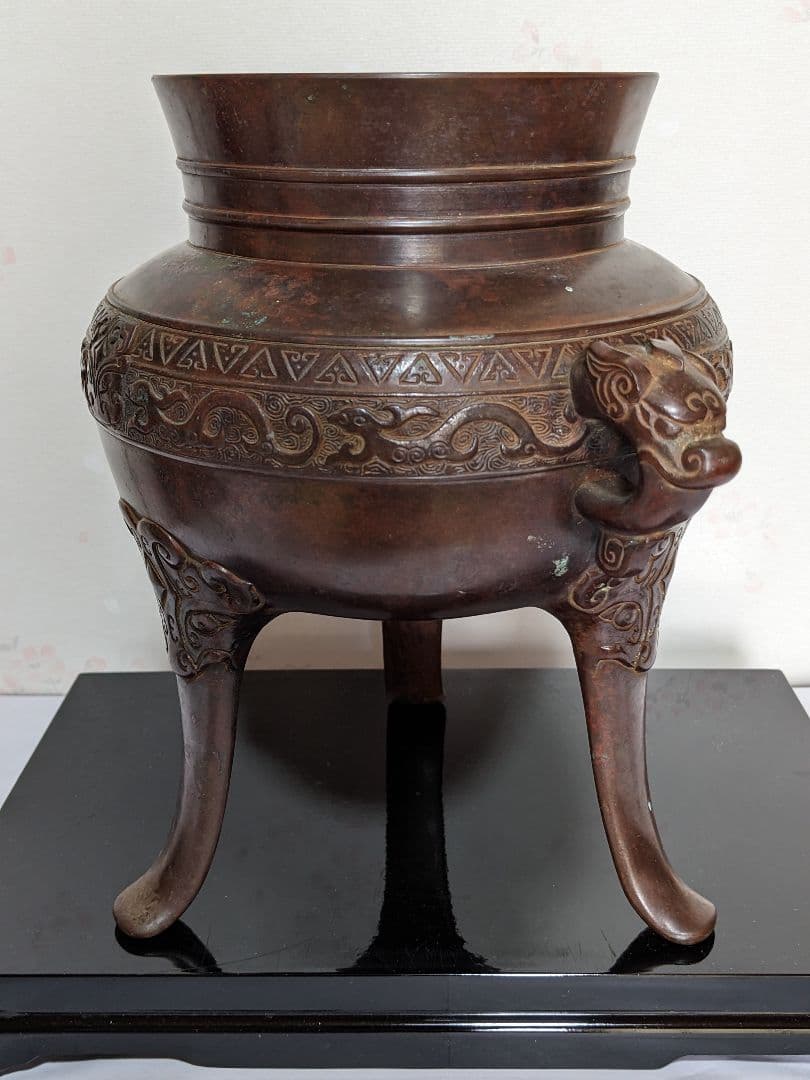 ♦銅器 神獣文 龍双耳 三足花器 初代 定塚義正 明治〜大正時代 花生 骨董品