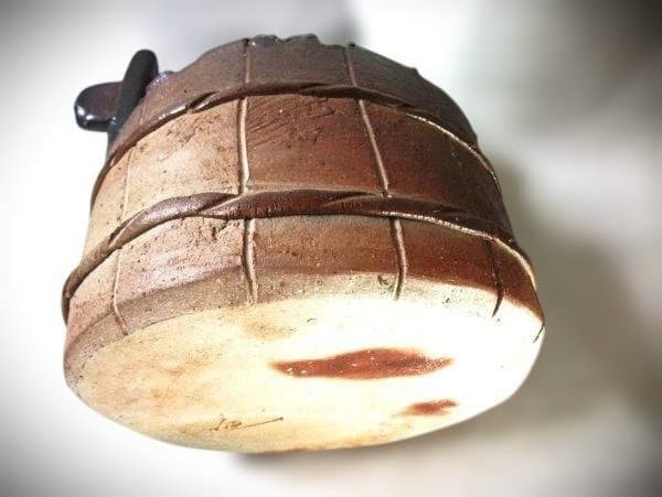 備前焼 佐藤苔助 手桶花入 焼き締 逸品 共布 共箱