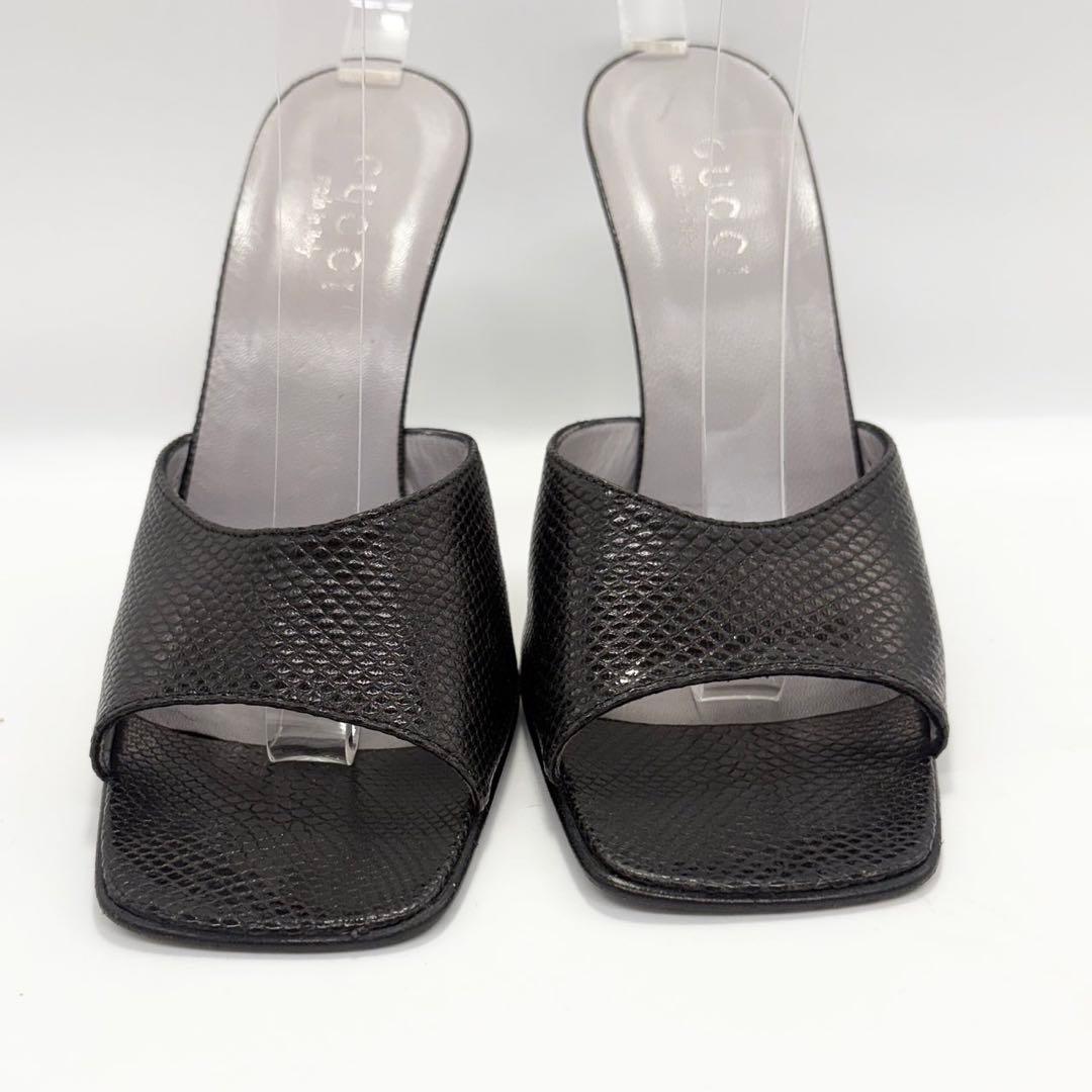 グッチ 未使用級 ミュール サンダル リザード 黒36(約23cm) 靴