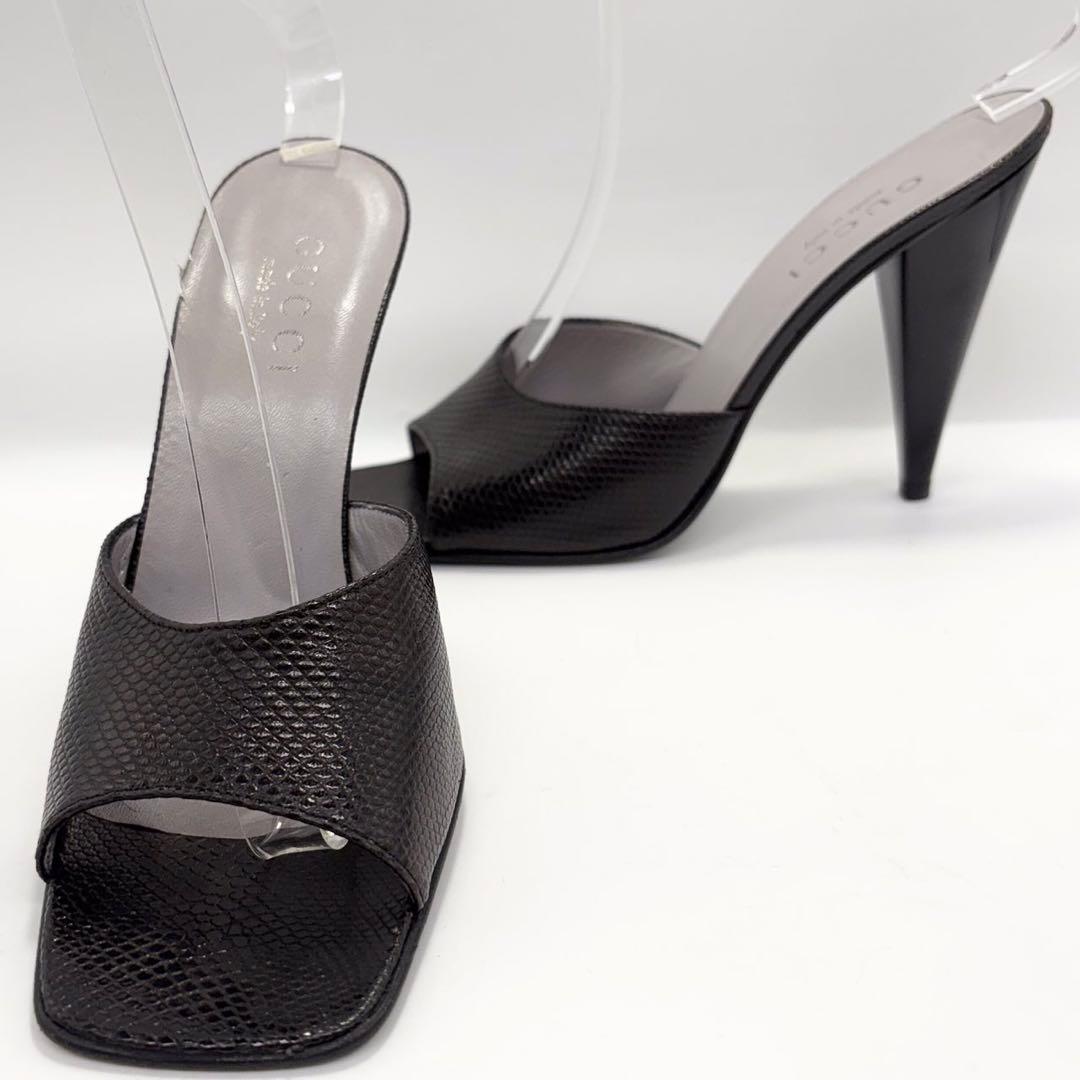 グッチ 未使用級 ミュール サンダル リザード 黒36(約23cm) 靴