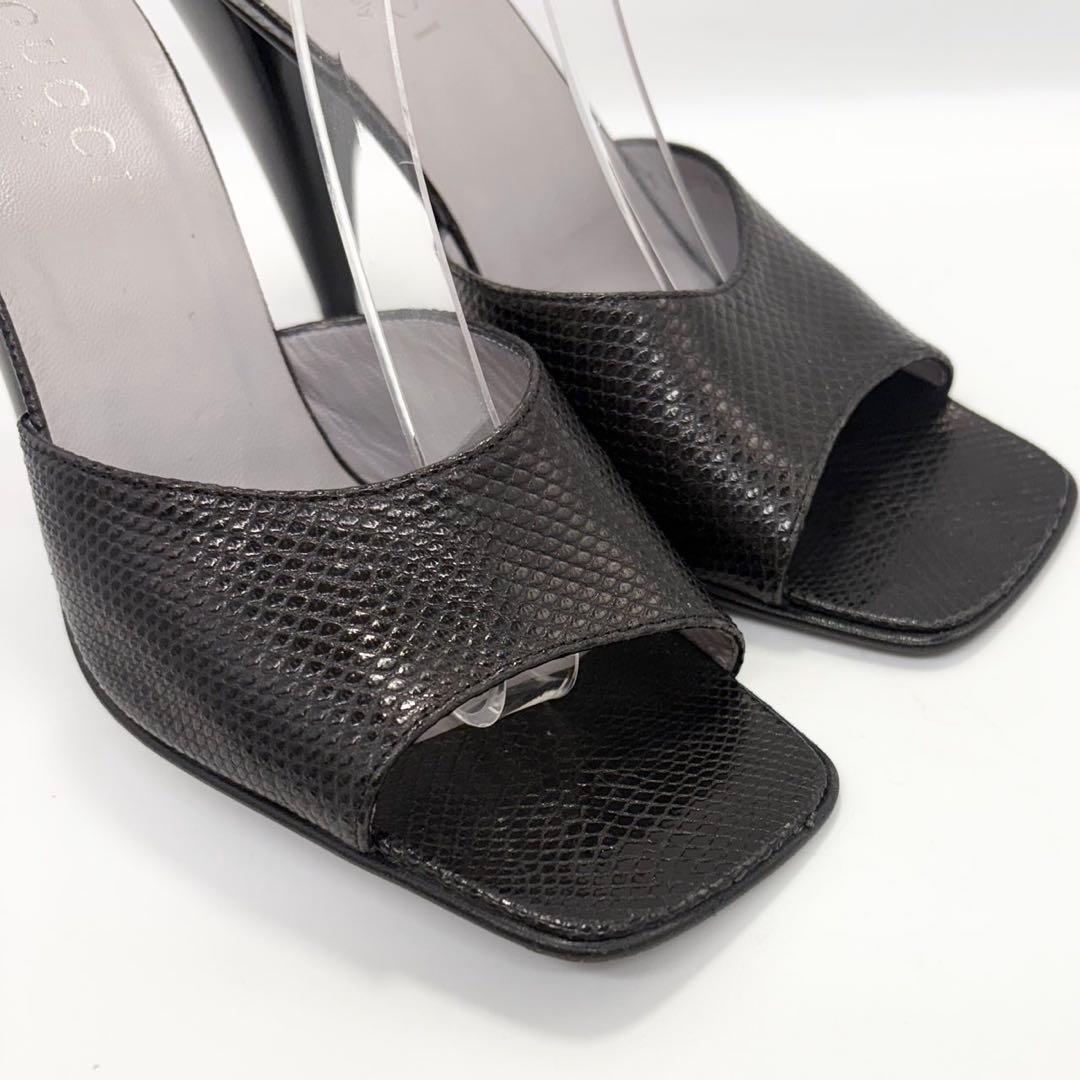 グッチ 未使用級 ミュール サンダル リザード 黒36(約23cm) 靴