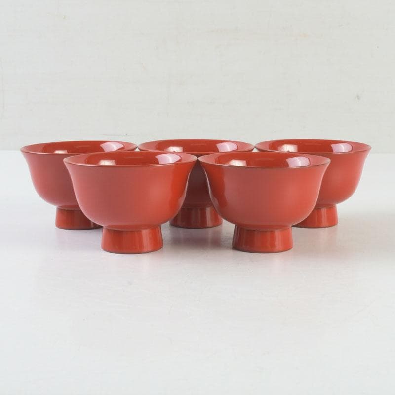 和食器　茶懐石　輪島塗　輪島屋本店謹製　朱塗魚蒔絵　盃　五客　共箱　V　9712