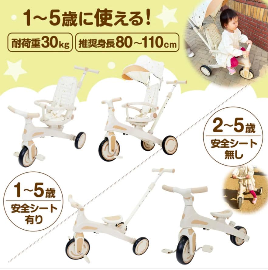 【新品】多機能三輪車 イエロー 7in1 折りたたみ式 安全設計1歳〜5歳