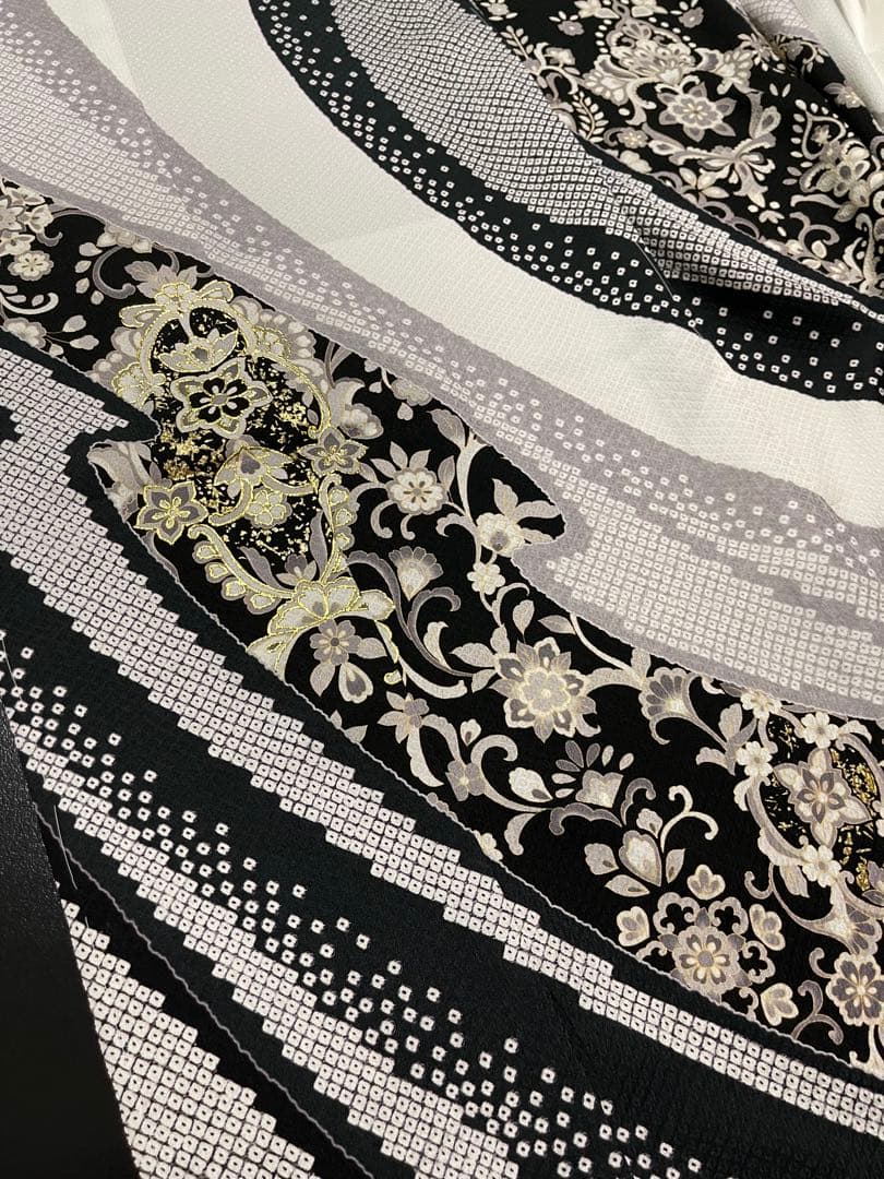 特選金彩訪問着【エキゾチック更紗唐花◆白×黒】疋田文様浮かぶ紋意匠地