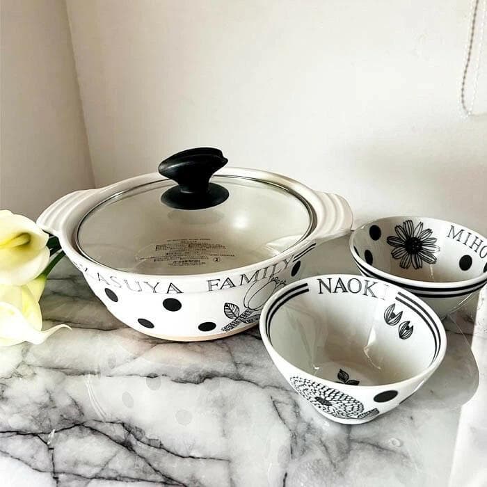 【名入れ無料】ガラス蓋　両手鍋　ホワイト20cm 24cm 卓上鍋　ドット柄