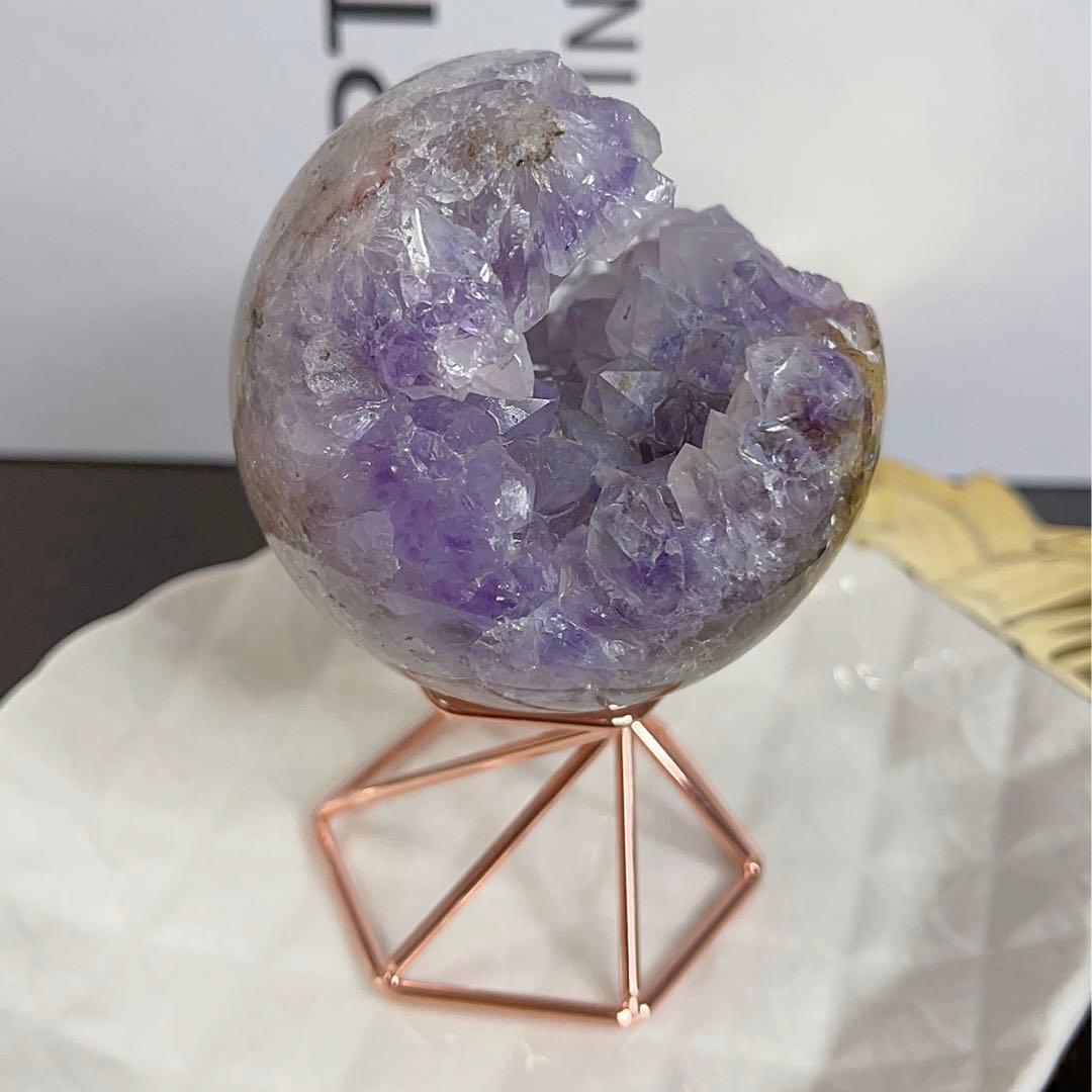 大! 天然石 ジオード アゲート ピンクアメジスト 共生 スフィア パープル