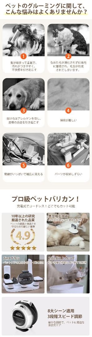 ペットバリカン【無線充電式ストレスフリー】 犬用 猫用 掃除機 5in1 静音