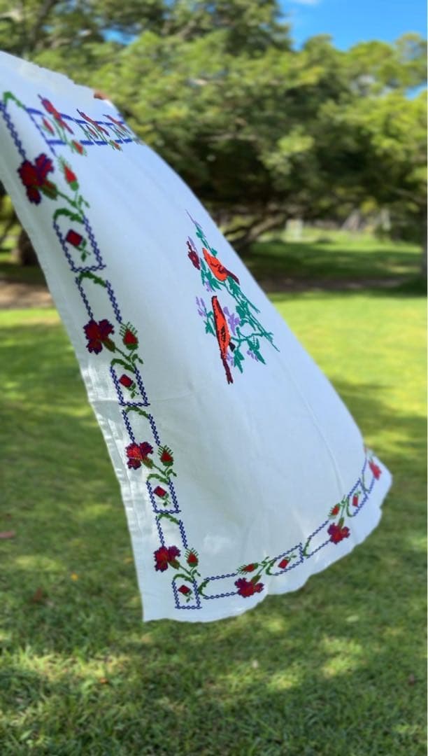 ヴィンテージ　テーブルクロス　クロススティッチ　鳥