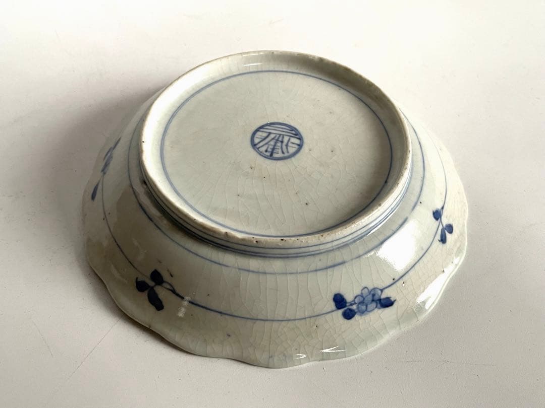 骨董　アンティーク　藍九谷　網干　船文様　輪花皿　小皿　五寸皿　誉印　古伊万里