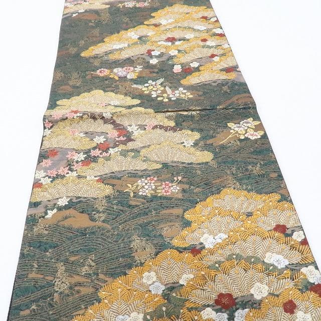 新品 正絹 着物“波に乗って舞い上がる松に梅、花筏☆”袋帯 L-20