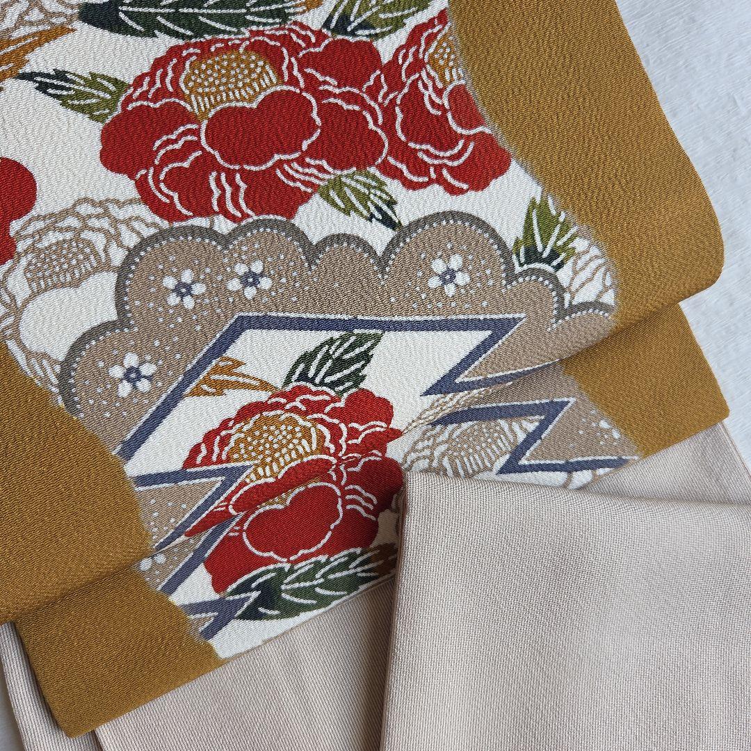 松皮菱と椿柄　栗山吉三郎　和染紅型名古屋帯