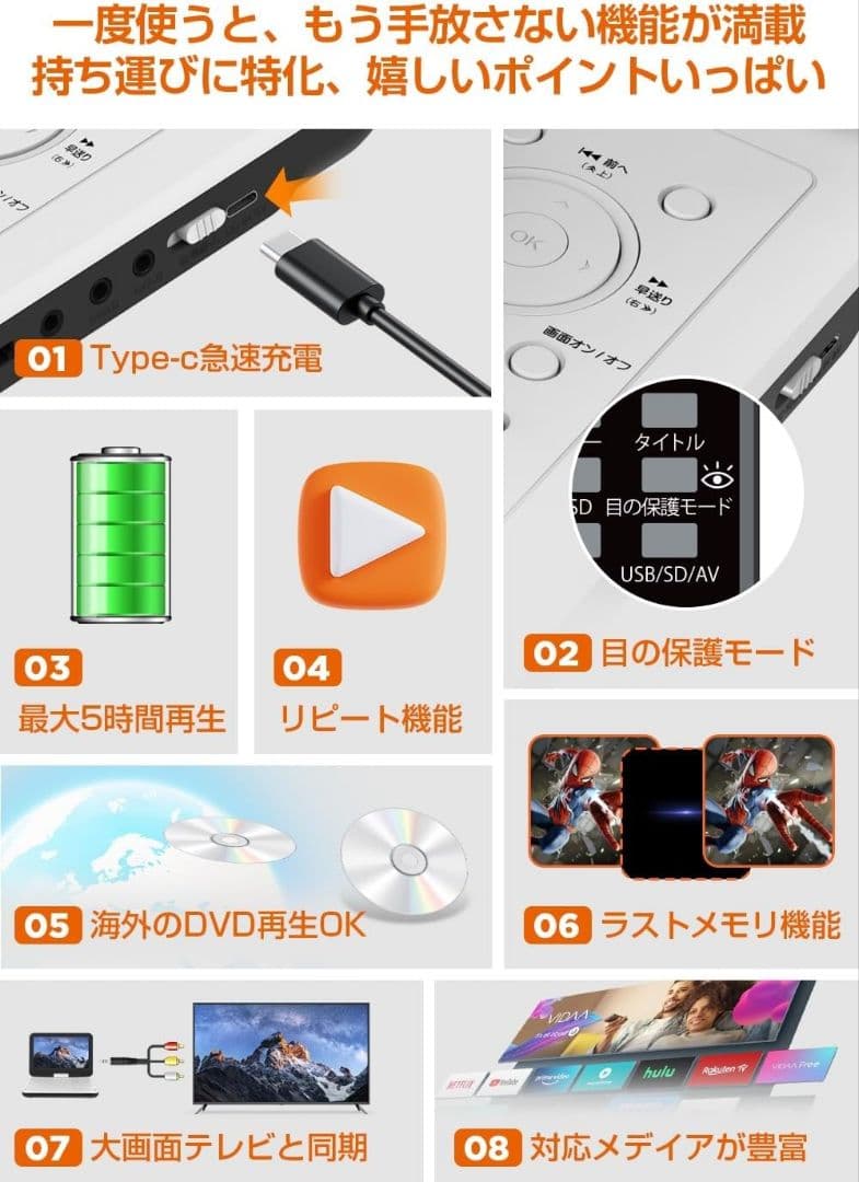 ポータブルDVDプレーヤー HD液晶 移動に便利 リージョンフリー