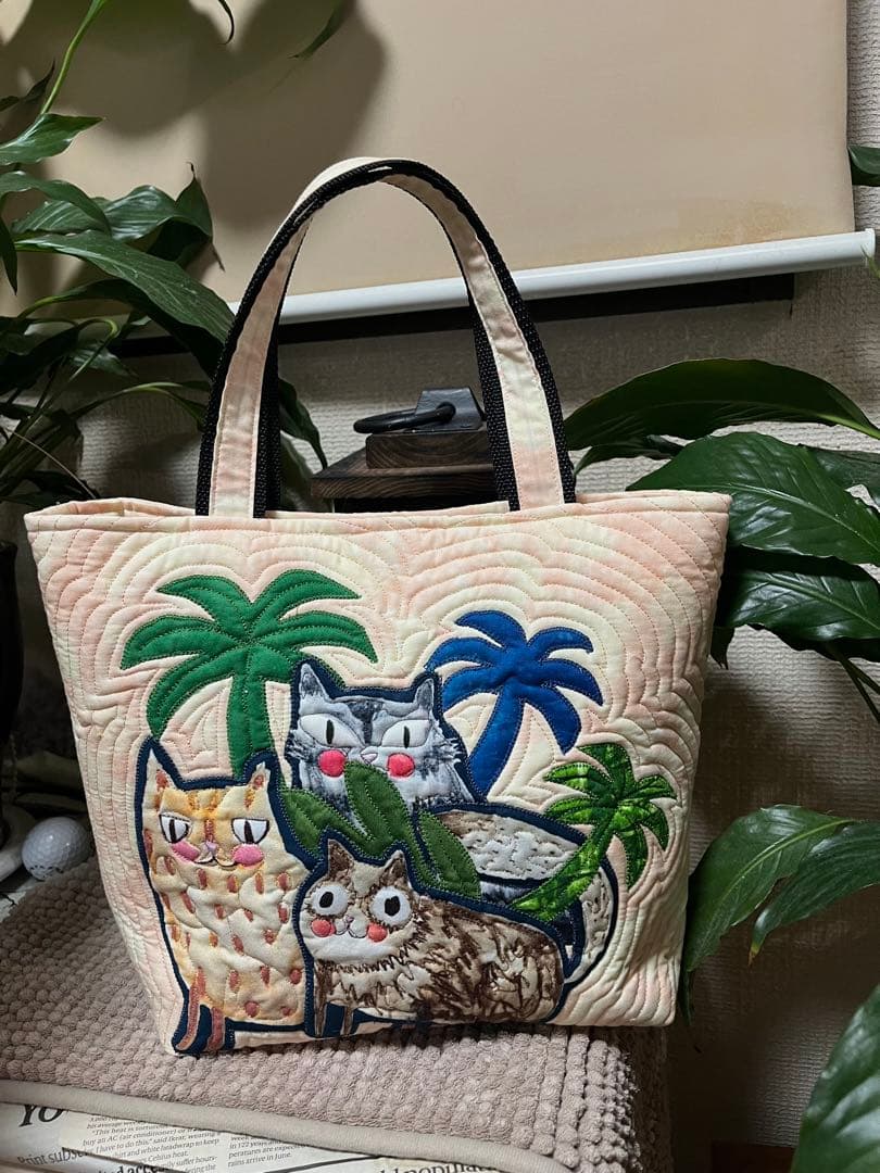 ハワイアンキルト　ハワイアンキルトバッグ　トートバッグ　猫バッグ　ヤシの木