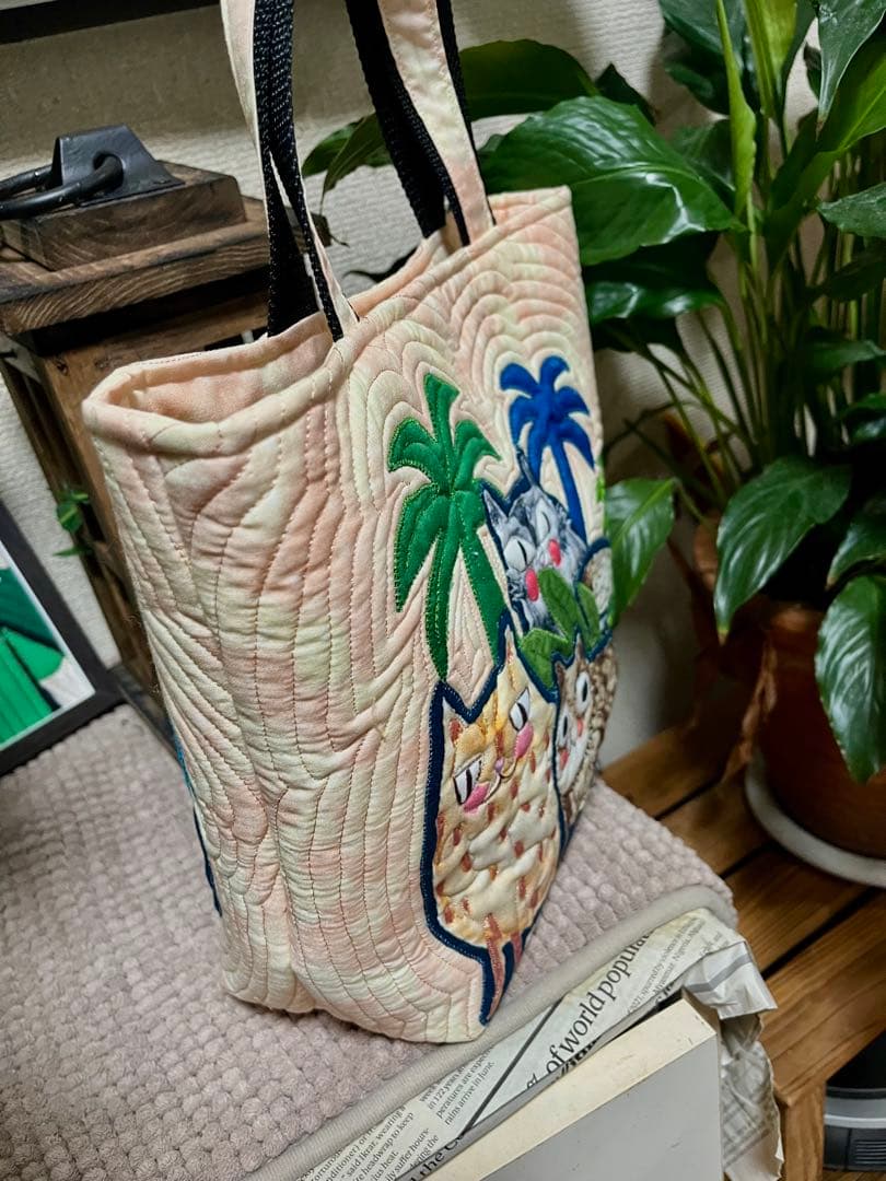 ハワイアンキルト　ハワイアンキルトバッグ　トートバッグ　猫バッグ　ヤシの木