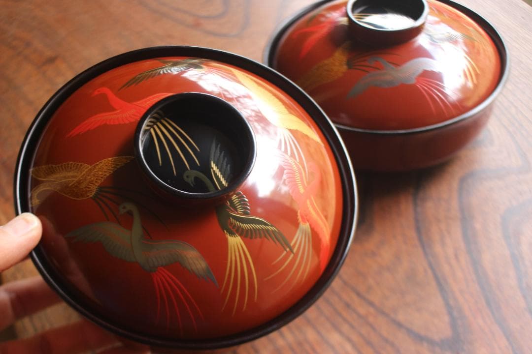 デッドストック！上質朱漆に極上鳳凰蒔絵の大平椀2点（検輪島塗蒔絵椀煮物椀雑煮椀