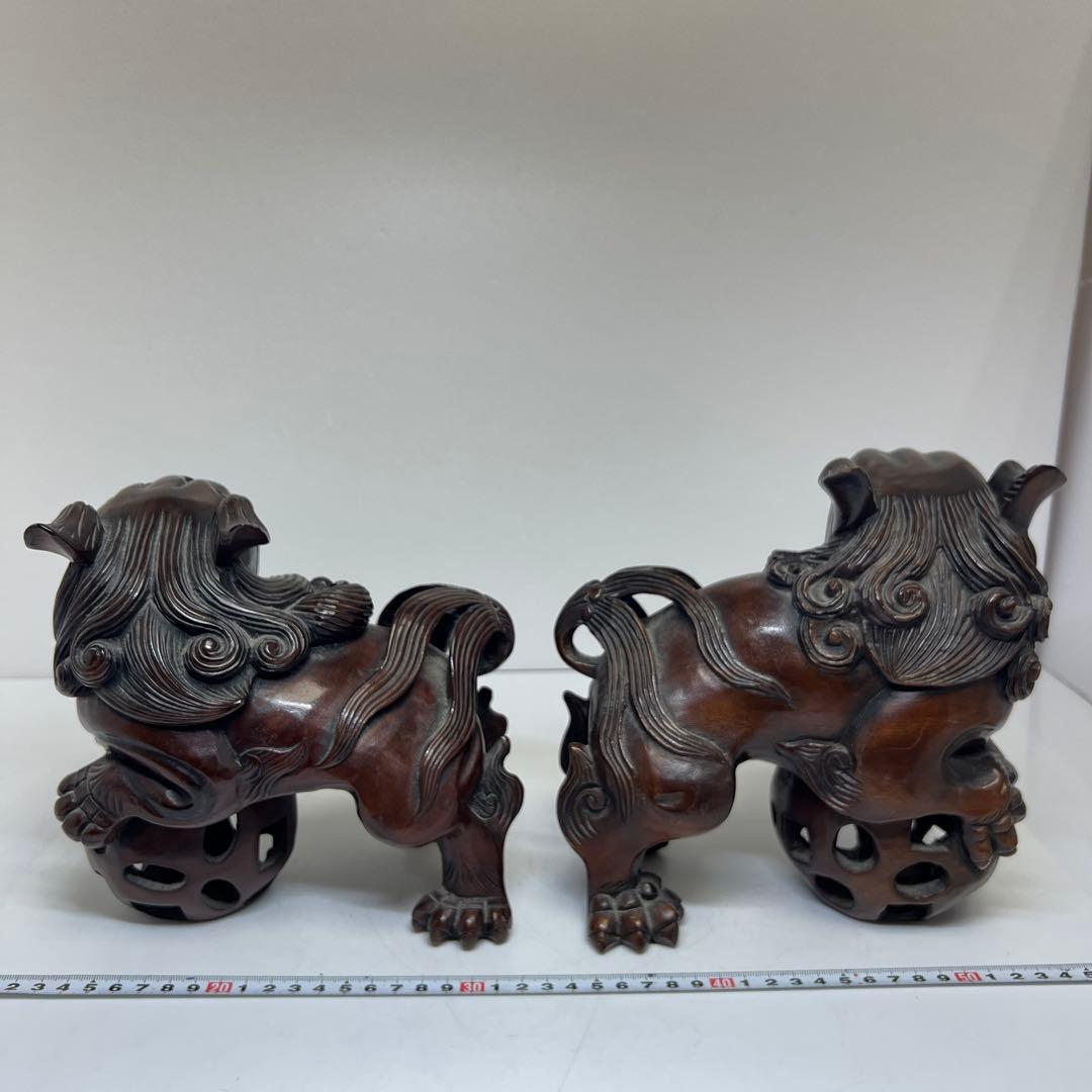 木彫 大振獅子 一対 1757g 東キ7-1218①