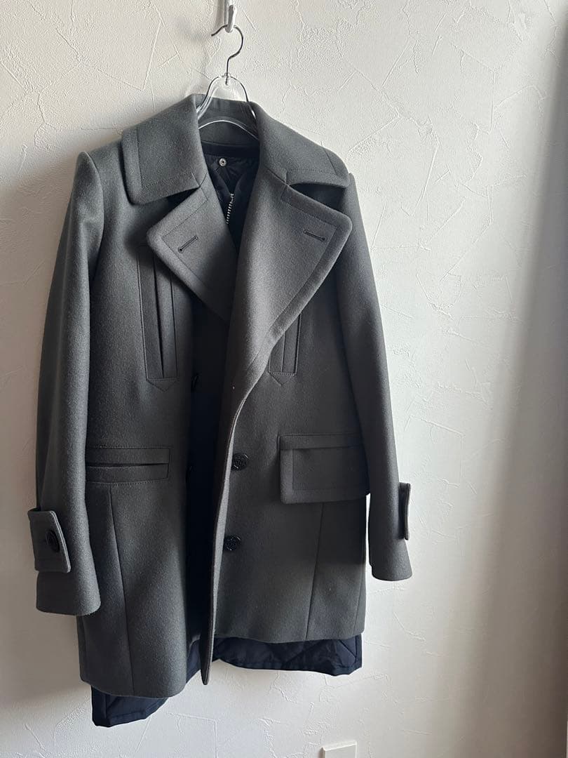 sacaiグレー ウール ダブルブレスト ピーコート
