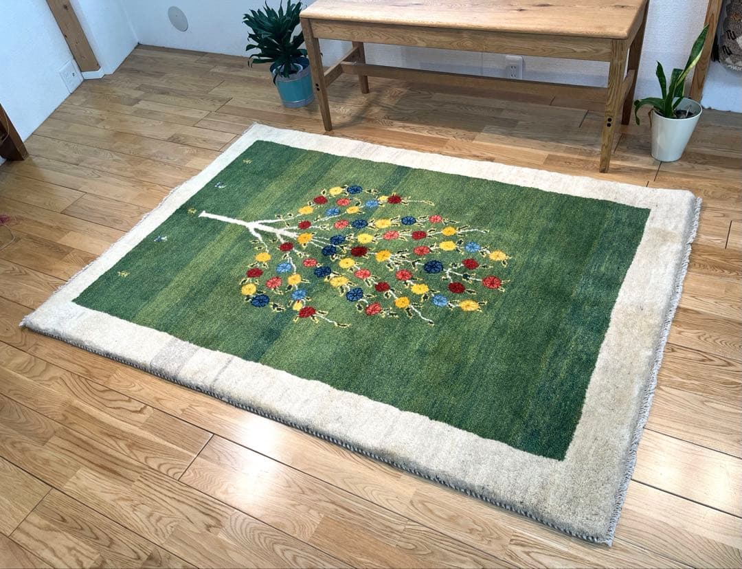 【キャンペーン】ギャッベ リビング168×120 グリーン　緑　生命の木　花